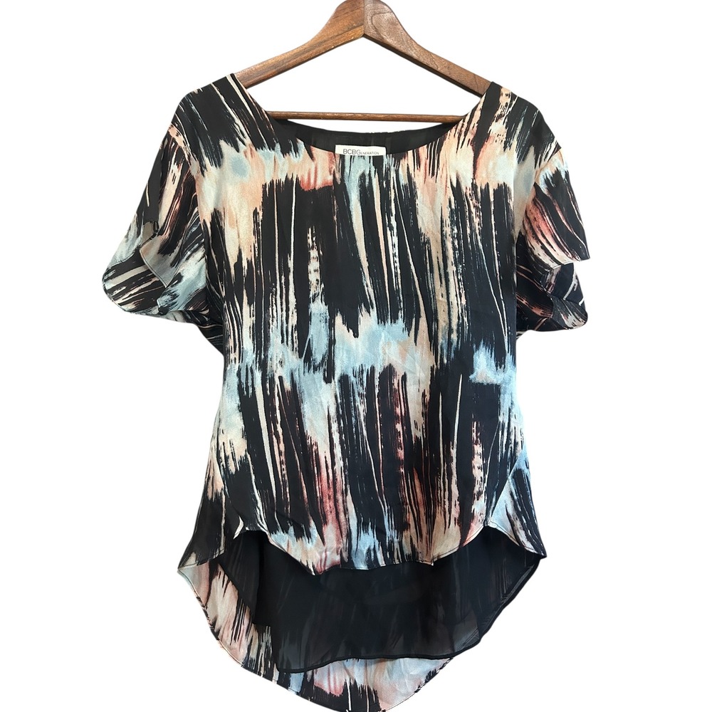 Abstract Brushstroke Print Hi-Lo Hem Short Sleeve Lightweight Blouse Top
